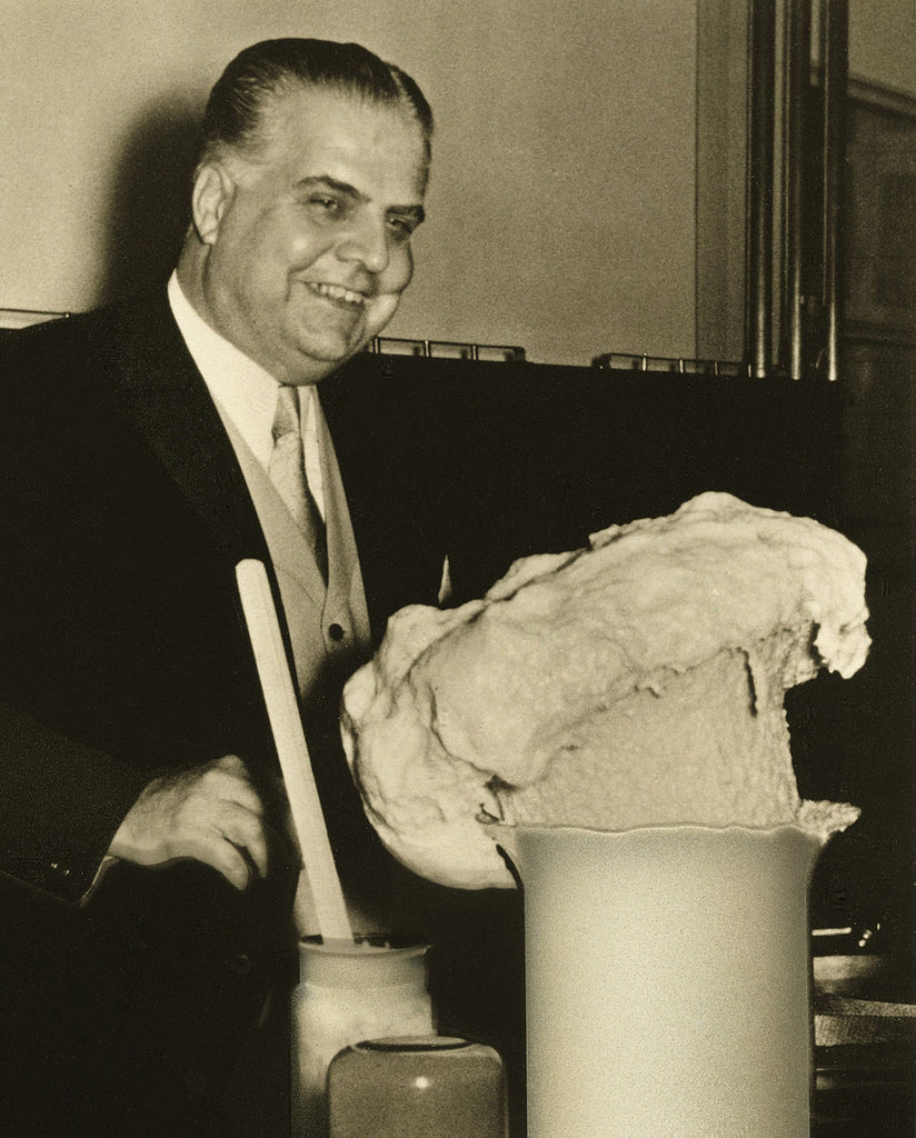 Prof. Otto Bayer in 1952 demonstrating his creation (from 1937), the polyurethane