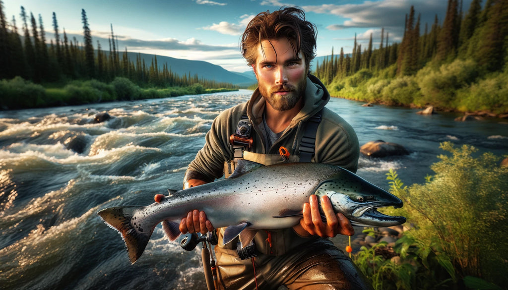 adventurer fishing holding a wild salmon in his hands during the salmon migration in Canada