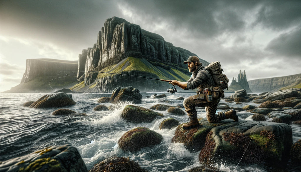 adventurer fishing in a coastal environment