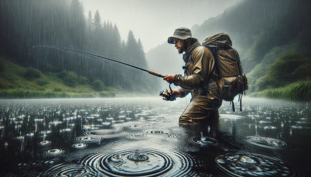 adventurer fishing under heavy rain