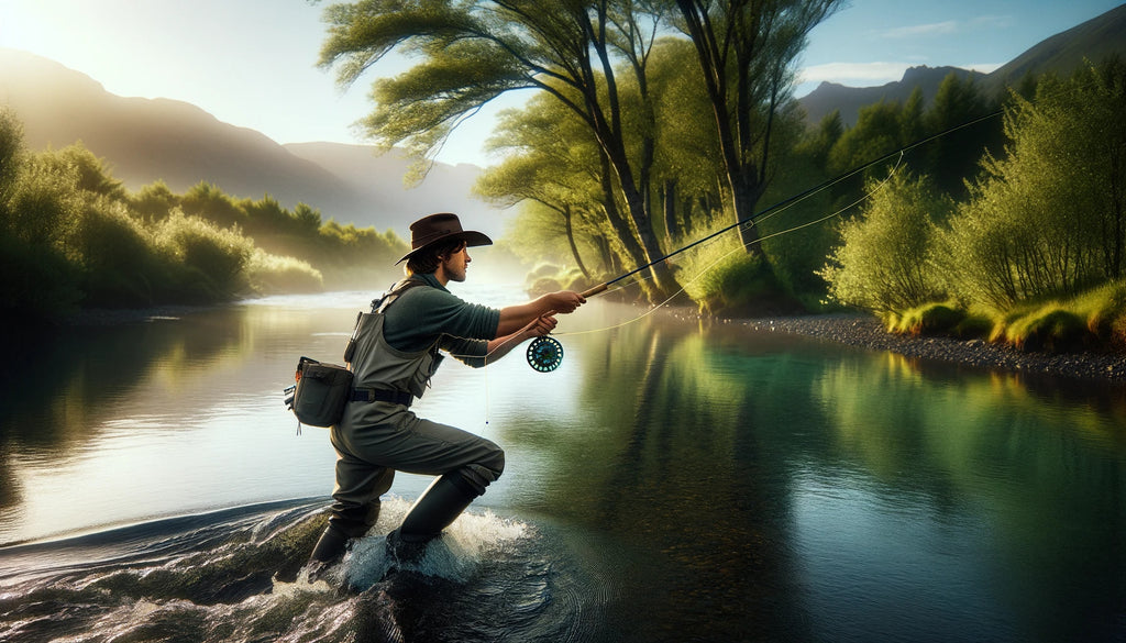 adventurer fly fishing in a serene river