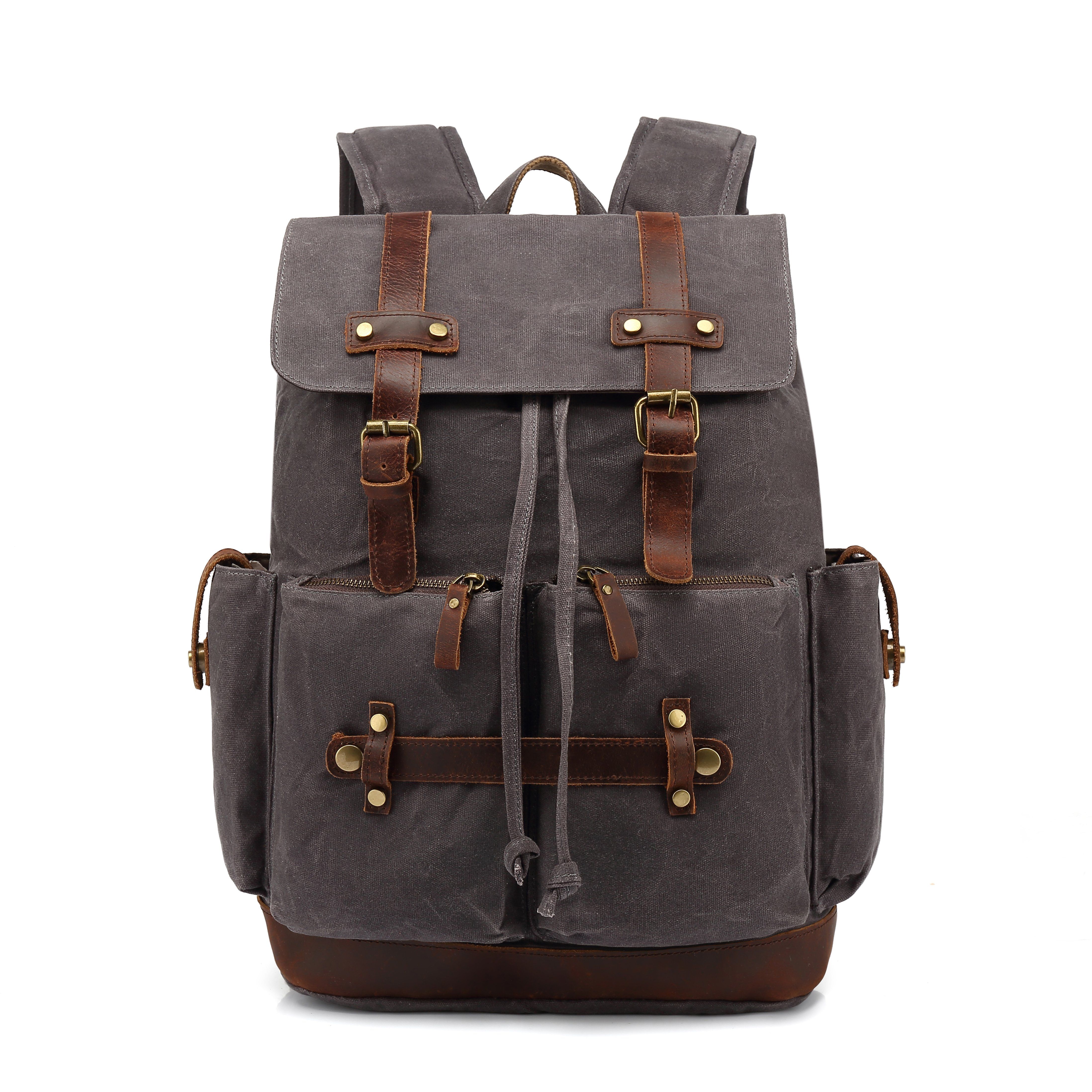 men's ripstop waxed canvas and tan leather sport backpack with polyester liner padding and strong stitching