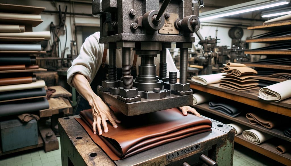 artisan in a workshop setting up a hydraulic press for stiffening leather