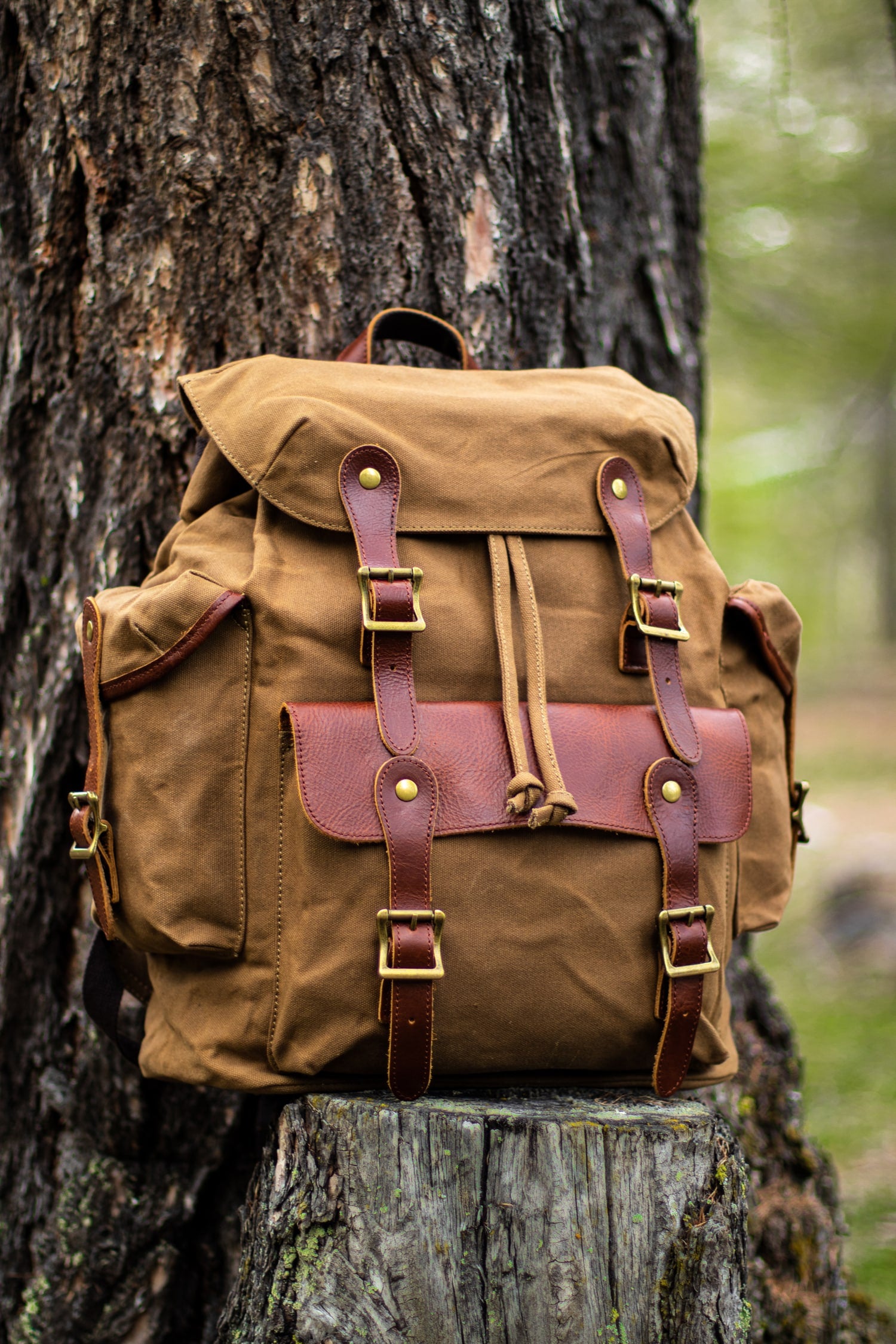 khaki old school canvas and leather backpack