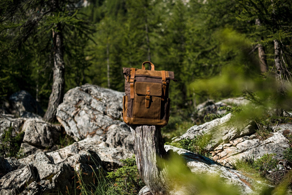 womens carry all hiking backpack made of ripstop waxed canvas and brown tan leather