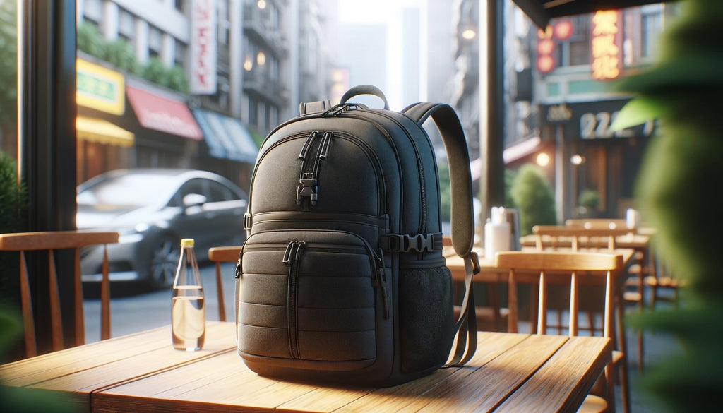 basic daypack embodying simplicity and practicality placed in an everyday urban environment