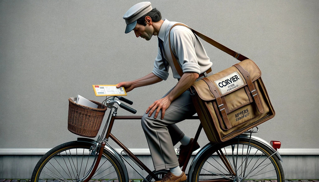 bicycle courier dressed in 1980s attire taking out a message from his courier bag with a clear view of the bags