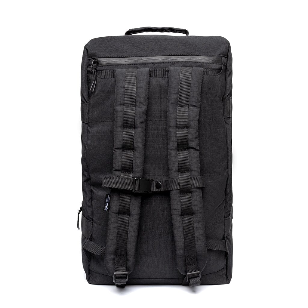 Back view of black ethical travel convertible backpack by Lefrik