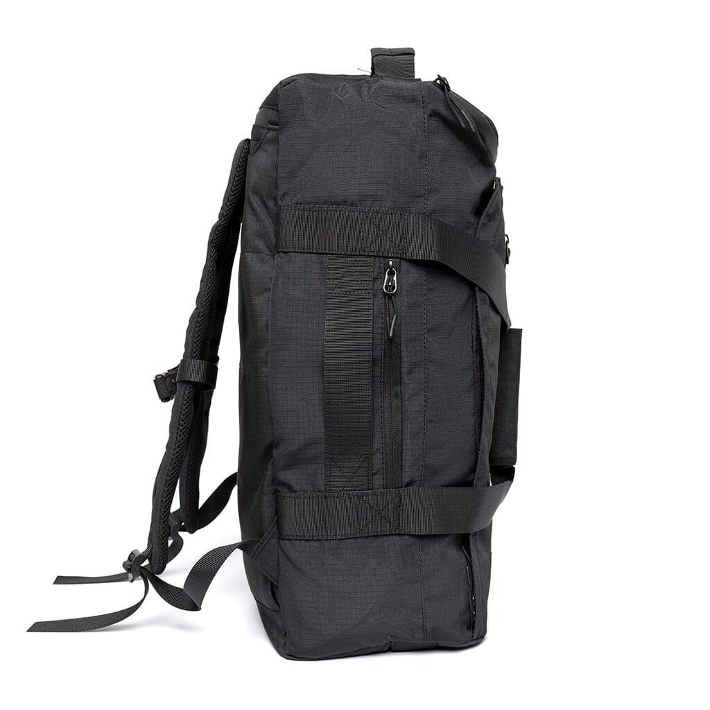 Side view of black recycled travel convertible backpack by Lefrik