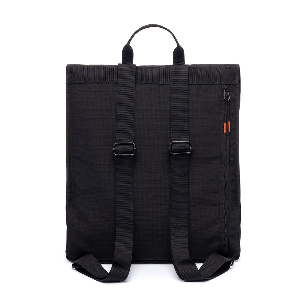 back view of the mini handy vandra black sustainable backpack