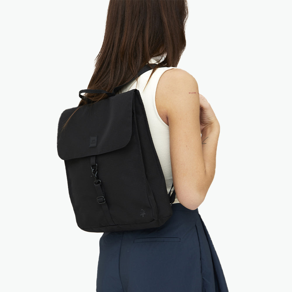 black sustainable mini backpack for women