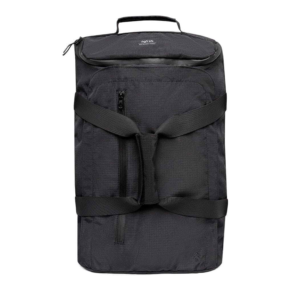 Front view of black sustainable travel convertible backpack by Lefrik