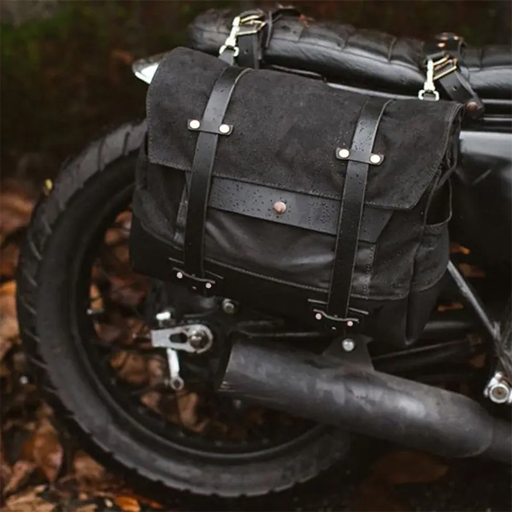 black waxed canvas leather moto rider saddlebag