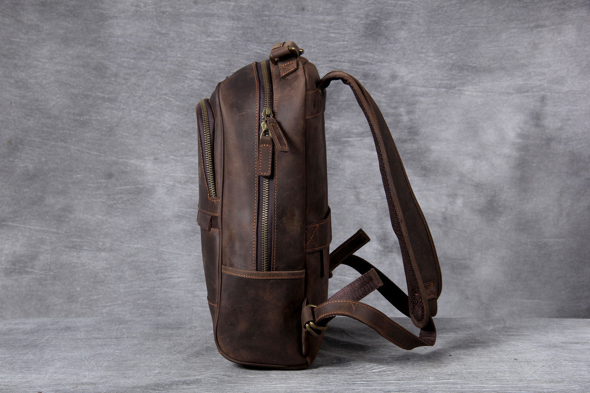 brown leather backpack