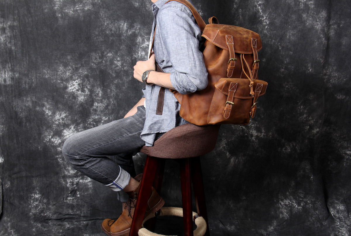 brown cognac leather fashion backpack