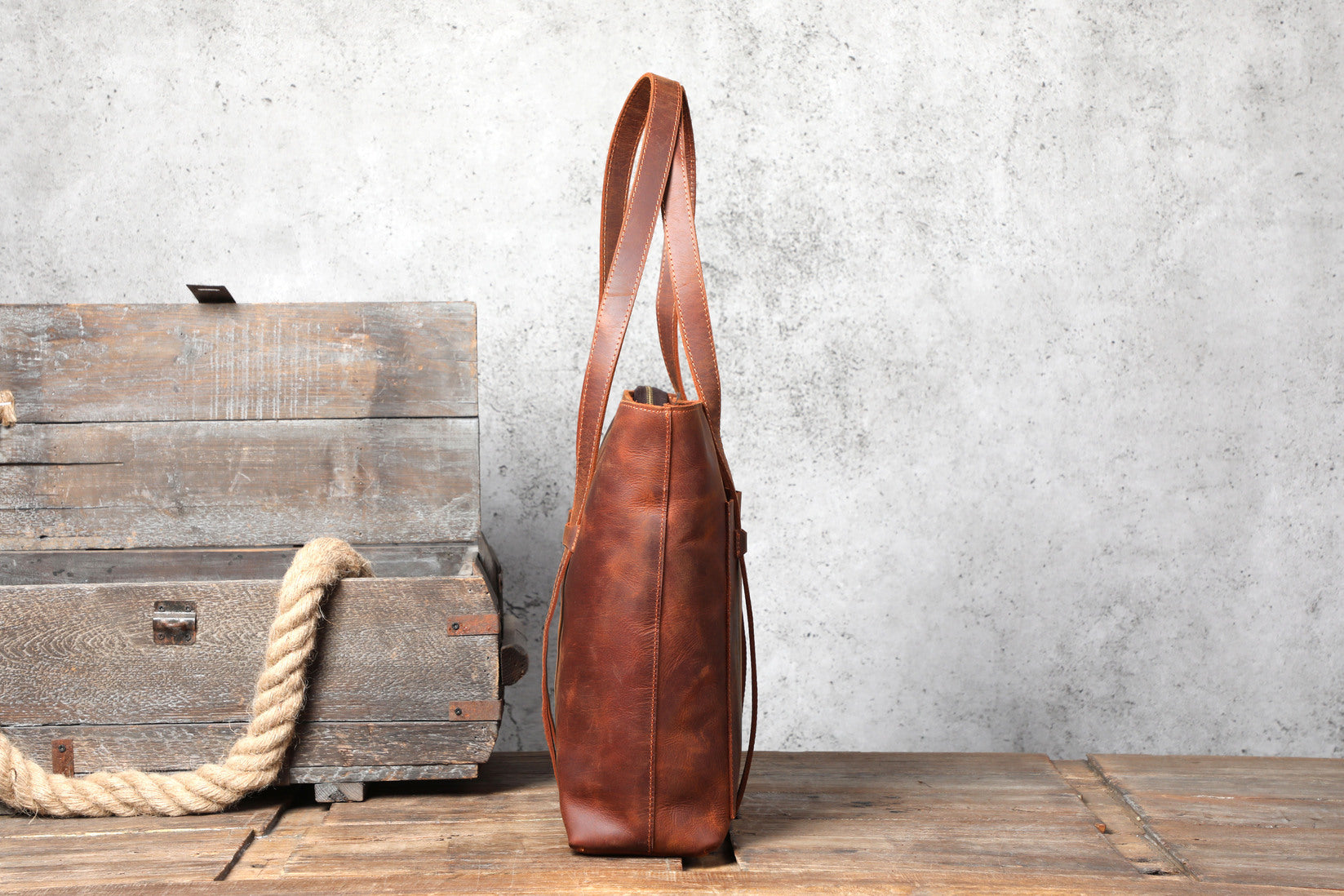 brown leather tote bag with zipper