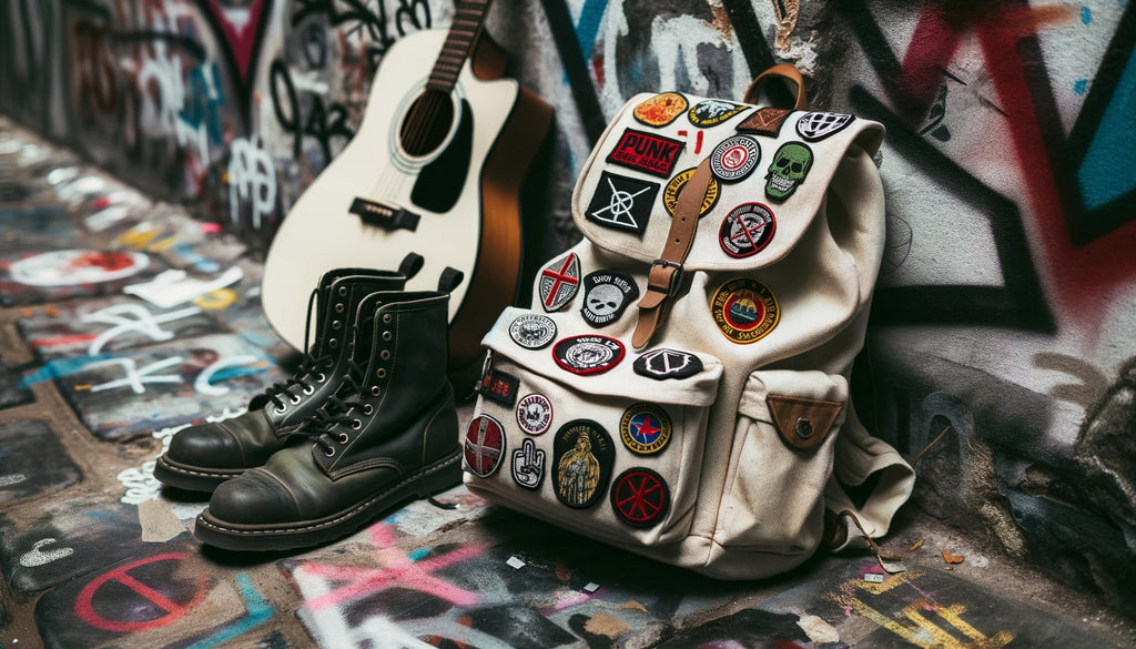 canvas backpack lying on a graffiti covered street adorned with multiple patches emblematic of punk culture