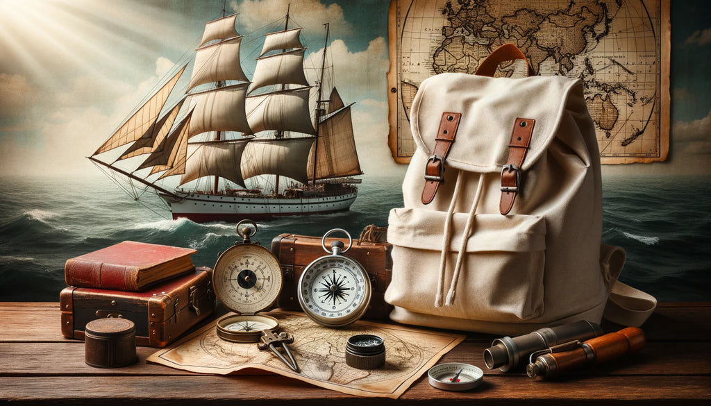 canvas backpack on a wooden table with old fashioned navigational tools like a compass and a map next to it