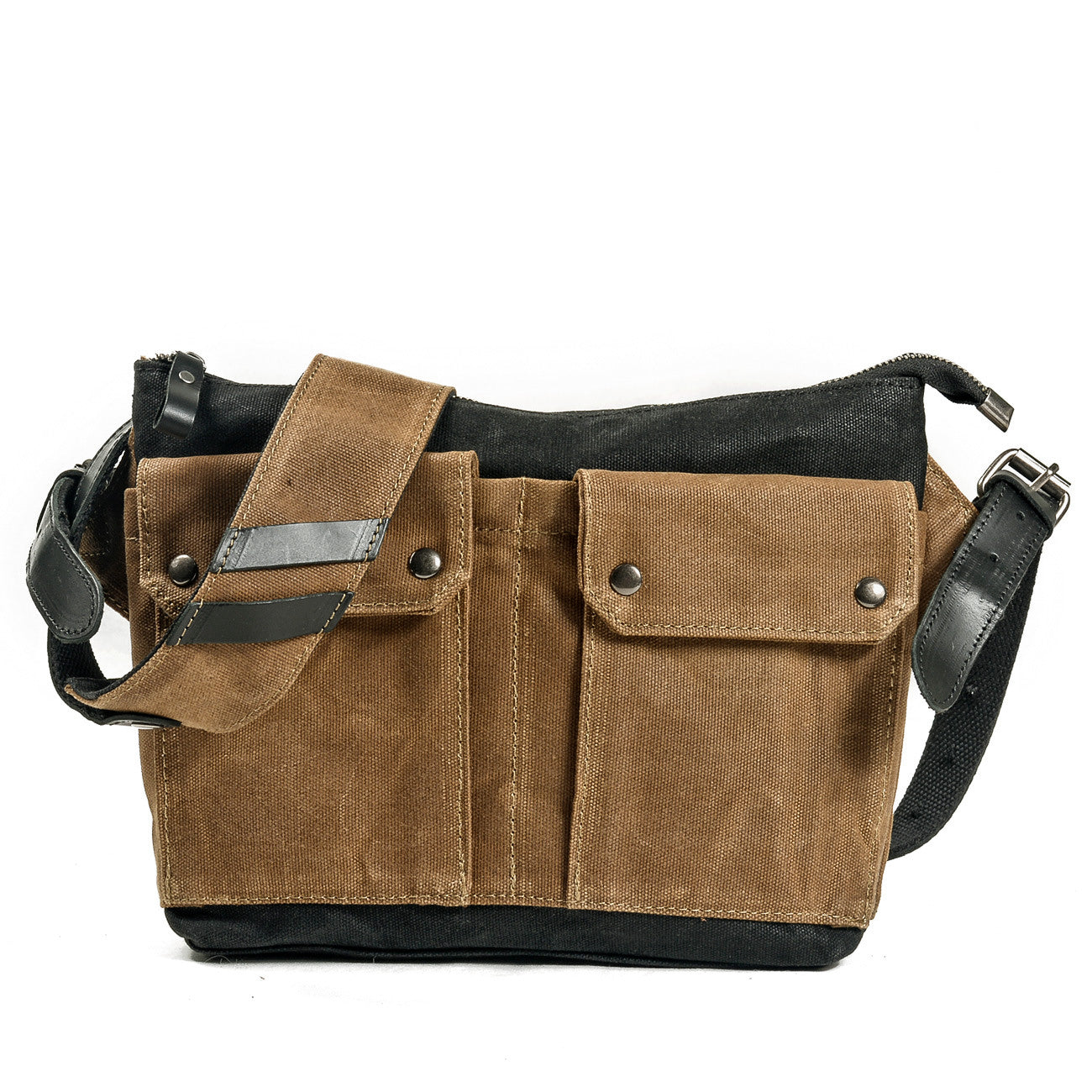 khaki canvas crossbody purse with anti-theft back pocket