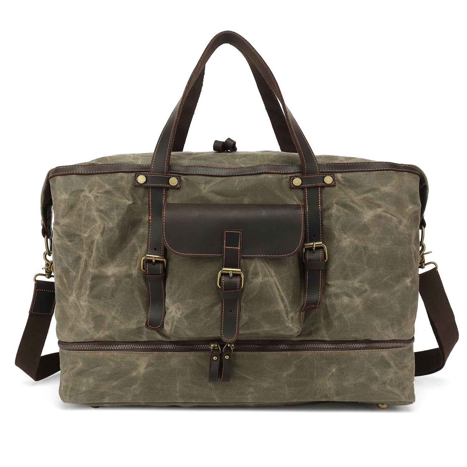 Waxed canvas duffle with sturdy stitching, webbing and seams