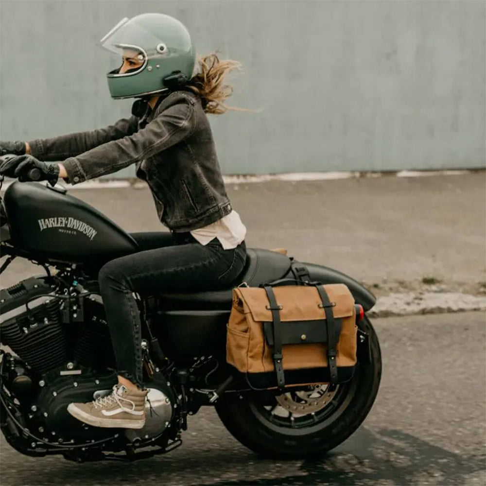 canvas motorcycle saddlebag on vintage motorcycle