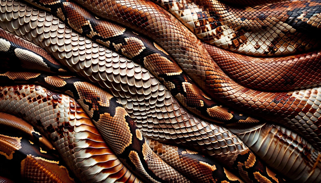 close up of python scales juxtaposed with the intricate texture of snake leather