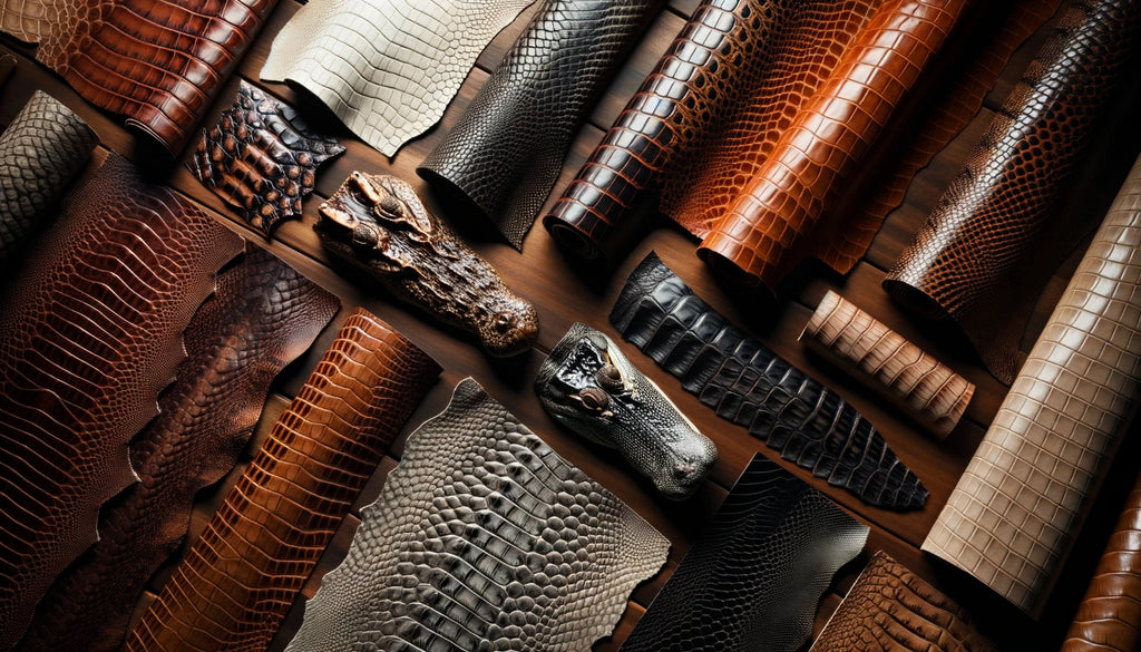 close up samples of various exotic leathers spread out on a rich wooden table