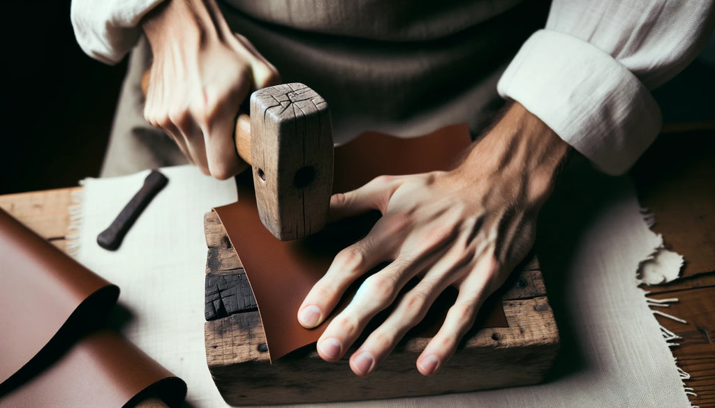 vue rapprochée des mains d'un artisan qui utilise la technique du marteau pour raidir un morceau de cuir