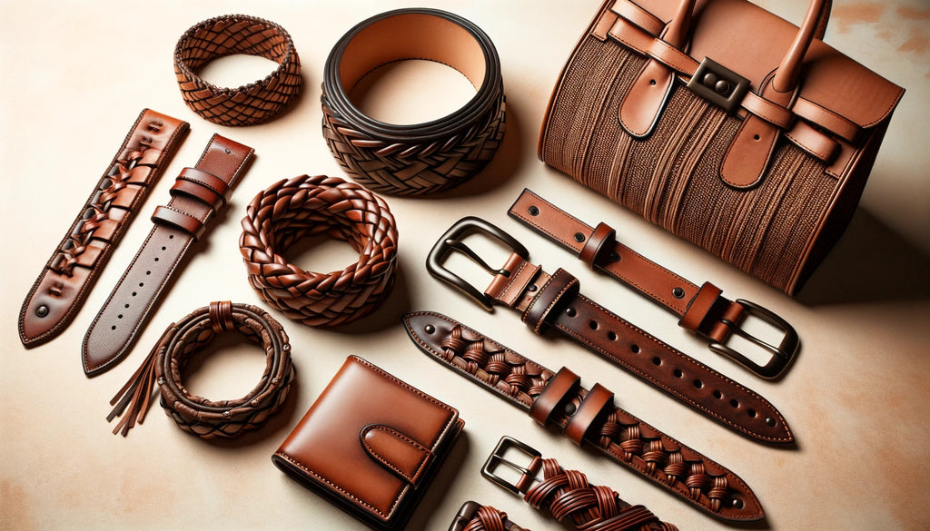 collection d'accessoires de mode comprenant une ceinture en cuir, un bracelet, un sac à main et un portefeuille