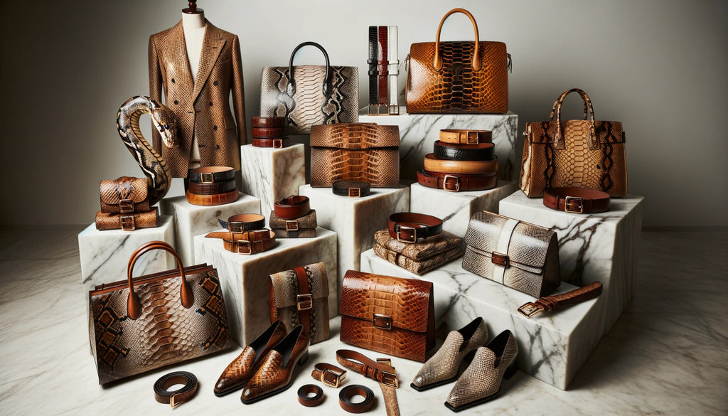 collection of high end fashion accessories made from exotic leathers