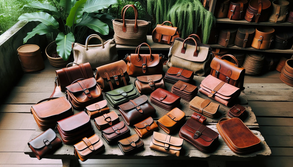 collection of leather purses in various sizes showcasing an array of earthy tones arranged on a rustic wooden table with green foliage