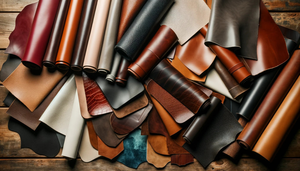 collection of leather samples laid out on a wooden table showcasing a variety of textures and finishes