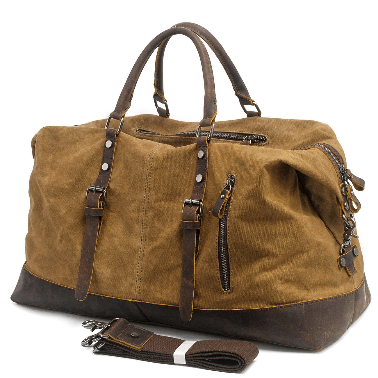 expandable cotton canvas duffle bag for men and women with sturdy zippers, removable shoulder strap and solid brass hardware