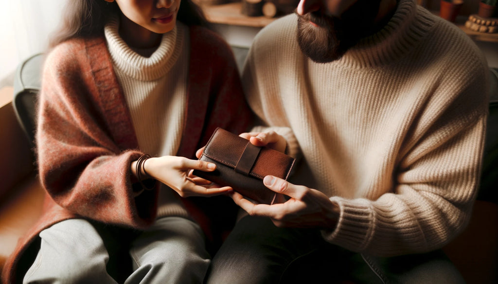 couple exchanging leather gifts in a cozy setting