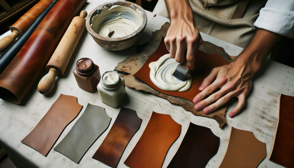 artisan appliquant une pâte épaisse sur un morceau de cuir pour le rigidifier