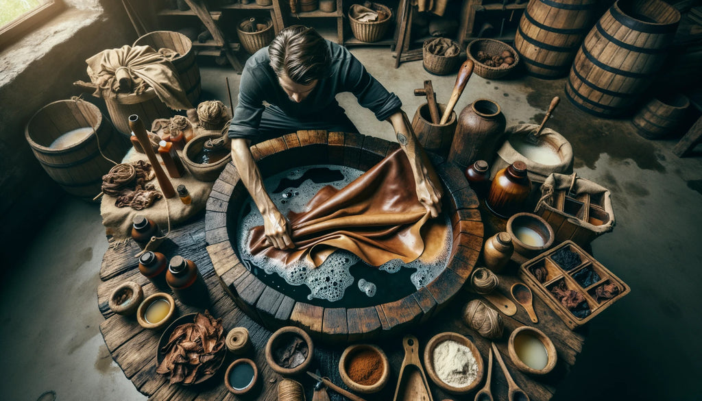 artisan trempant soigneusement un morceau de cuir brut dans une grande cuve en bois remplie de tanins extraits de végétaux entouré de variétés de plantes