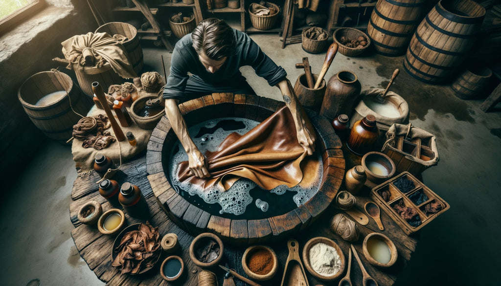 craftsman carefully soaking a piece of raw leather in a large wooden vat filled with tannins extracted from plant matter surrounded by var