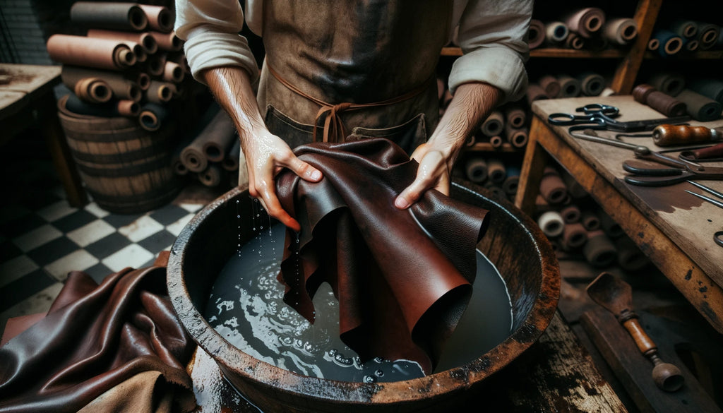 craftsman in a leather workshop holding a piece of leather just removed from a basin of cold water