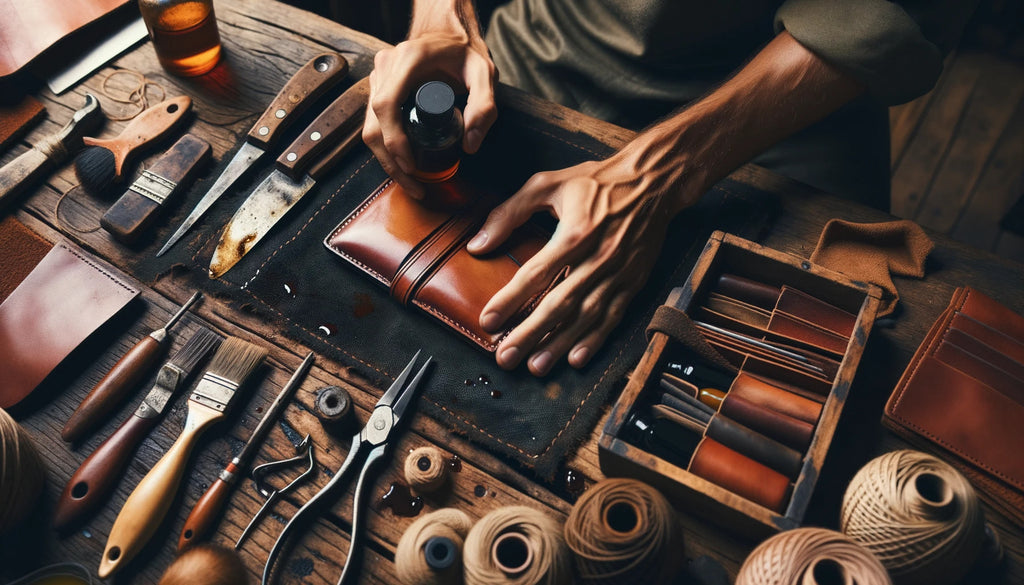 craftsman meticulously applying natural oil onto a leather wallet