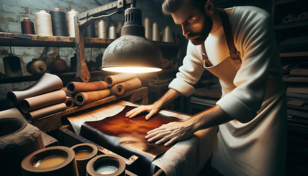 craftsman observing a piece of leather as it undergoes the dry baking process