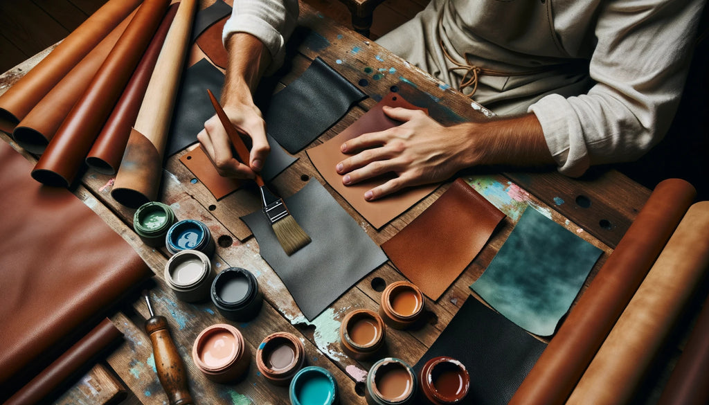 artisan travaillant sur une pièce de cuir et appliquant au pinceau une peinture de finition mate