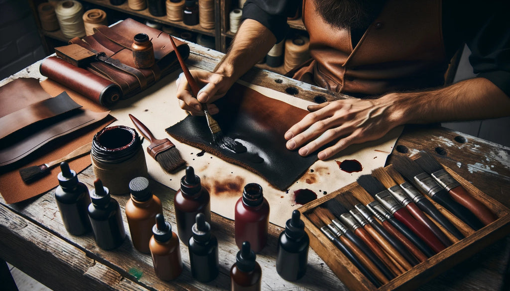 craftsmans hands meticulously applying dark brown dye onto a light brown leather piece on a wooden workbench surrounded by various dye bottles