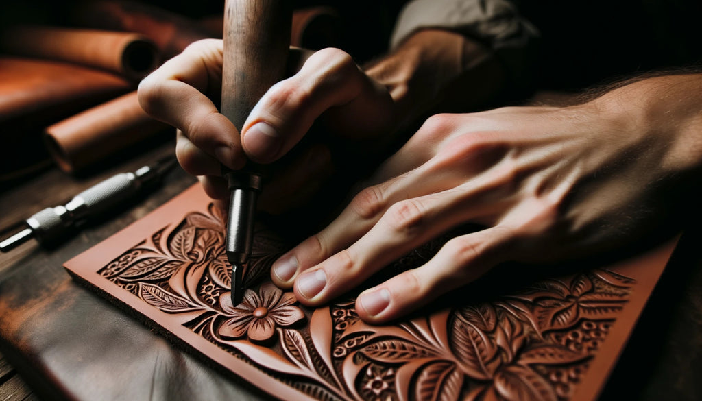 craftsmans hands meticulously carving a floral pattern into a piece of leather The focus is on the sharp tool pressing into the leather