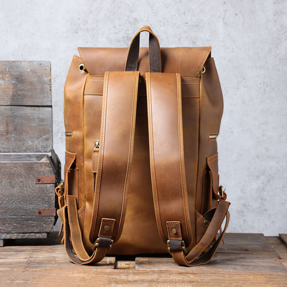 handcrafted dark brown cowhide leather backpack