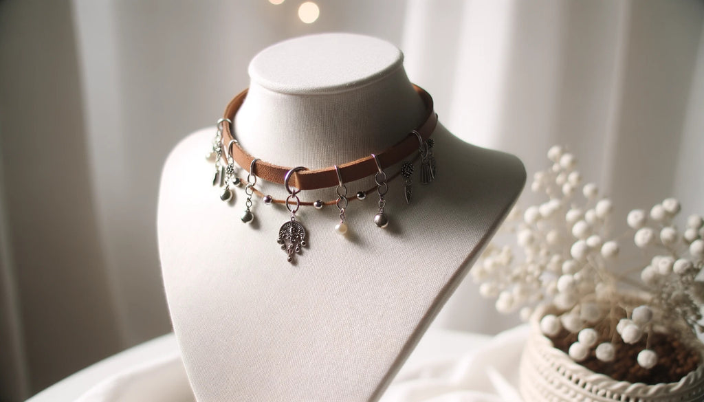 delicate leather choker necklace adorned with silver pendants and beads displayed on a white mannequin bust with soft lighting