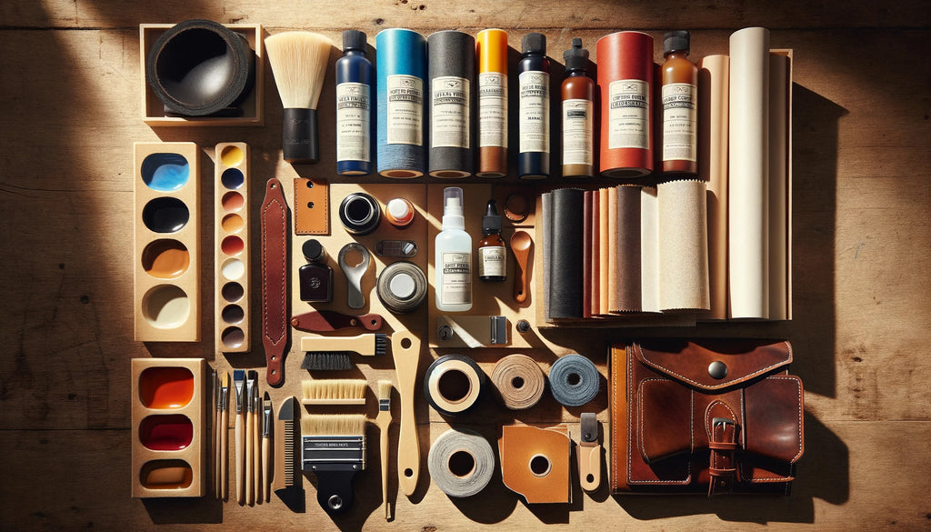 different components of a typical leather repair kit  with colorants and dyes in a range of hues