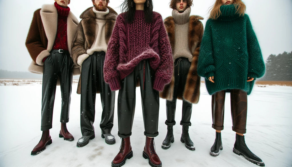 Un groupe de personnes se tenant à l'extérieur en hiver Une personne porte un pantalon en cuir combiné à un pull surdimensionné en maille épaisse