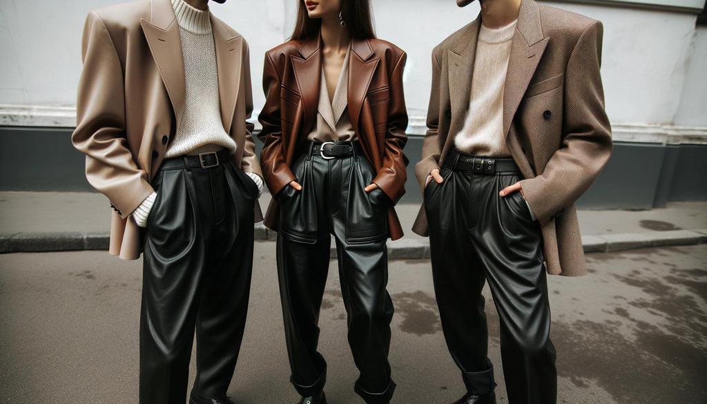 groupe de trois personnes conversant de manière décontractée, chacune portant un pantalon en cuir avec des blazers surdimensionnés de différentes nuances.