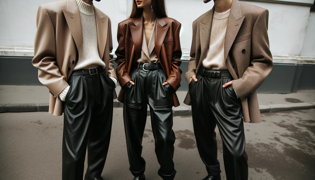 diverse group of three people casually conversing each donning leather pants with different shades of oversized blazers