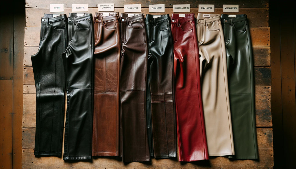 diverse range of leather pants laid out on a wooden surface.